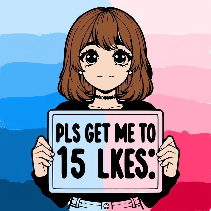 realistic girl holding up a sign that says “pls get me to 15 likes!”