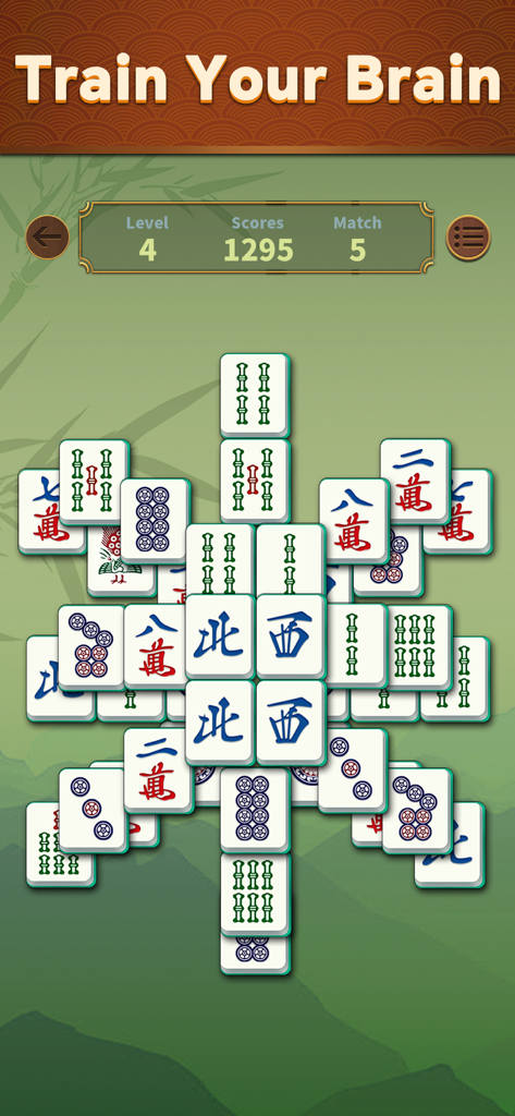 Otium Mahjong: Wafū Tile Match - Pantalla de juego de Otium Mahjong que muestra fichas tradicionales apiladas con un titular 'Entrena tu cerebro'
