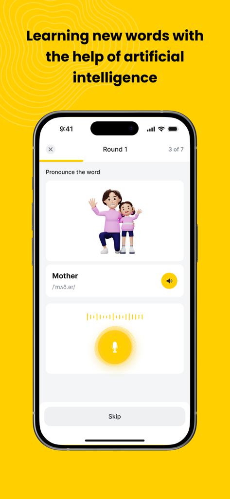Inter Nation Student app interface showing an AI-powered English pronunciation exercise for the word Mother.