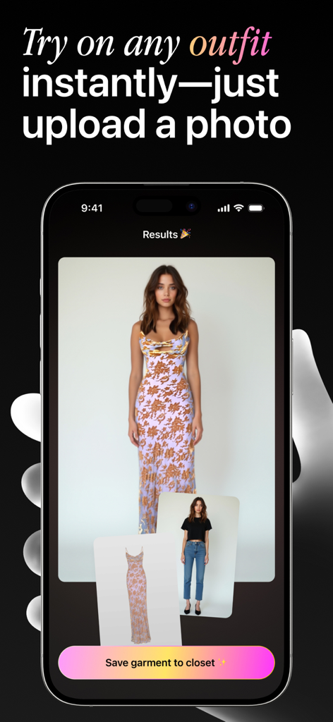 女性が花柄のドレスを着ているバーチャル試着結果を示すモバイルアプリの画面
