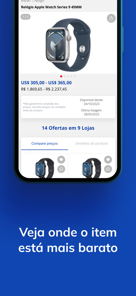 Price comparison interface for an Apple Watch on the Compras Paraguai app showing different store offers and currency conversion.