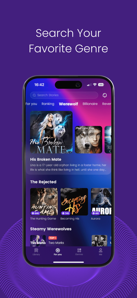 DreamCast: Audiobook & stories - Pantalla de la aplicación DreamCast que muestra historias del género de hombres lobo y una barra de búsqueda de audiolibros