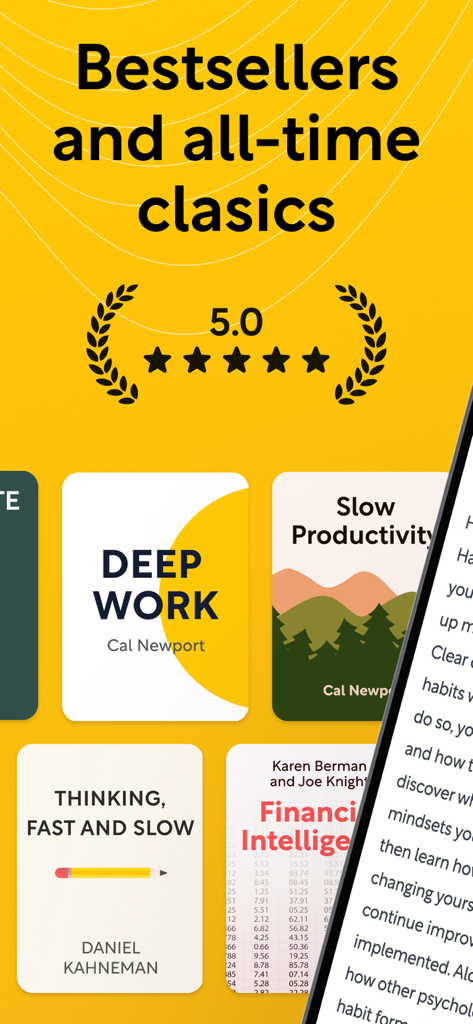Screenshot of Shortform app showing bestseller book covers like Deep Work and Thinking Fast and Slow with a five star rating