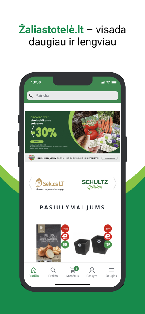 Home screen of the Zalia Stotele mobile app featuring organic seeds and garden supplies