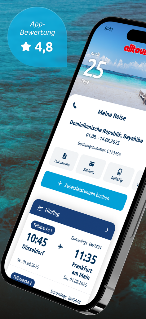 mein alltours - Smartphone screen displaying the mein alltours app with trip details, flight information, and a holiday countdown