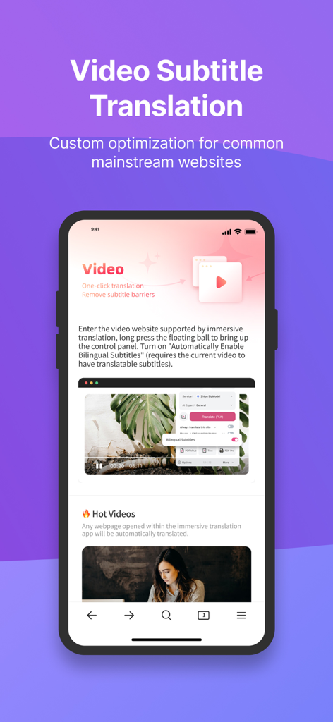 Babel Browser - Babel Browser app displaying video subtitle translation features for bilingual viewing
