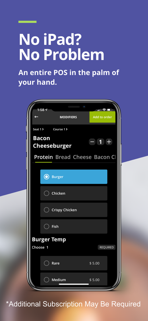 Lavu POS app interface on an iPhone showing restaurant menu options