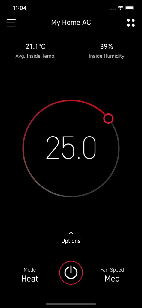NEO Connect - Interfaz de la aplicación NEO Connect que muestra el control de la temperatura del aire acondicionado del hogar y la configuración