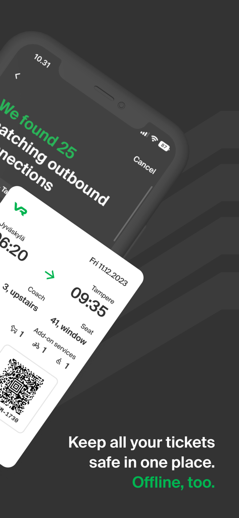 Digitales Zugticket auf einem mobilen Bildschirm mit Reiseinformationen und einem QR-Code für die VR Matkalla App