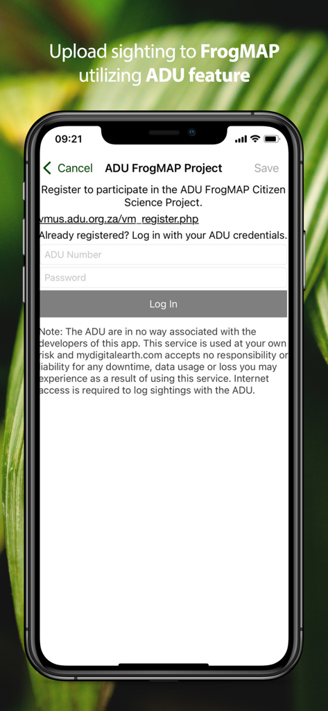 Login screen for the ADU FrogMAP citizen science project within the Frogs of Southern Africa app