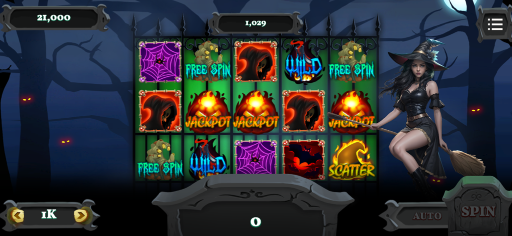 Poker Master - Texas Hold’em - Witch themed slot machine gameplay within the Poker Master app featuring spooky graphics and jackpot pumpkins.