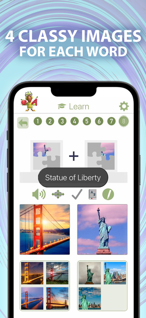 Language Learning ParryLingo - ParryLingo app interface showing a visual vocabulary lesson for the Statue of Liberty with multiple images for child learning