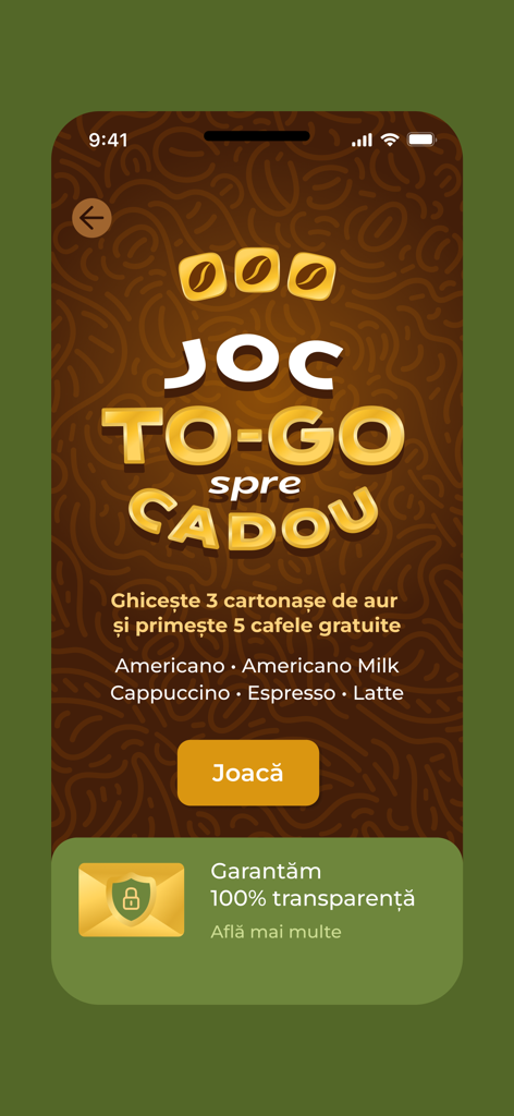 TO-GO Coffee - Gamified interface of the TO-GO Coffee app featuring a game to win free beverages