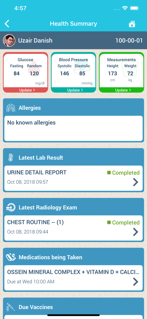 Family Hifazat - The health summary screen of the Family Hifazat app displaying patient vitals allergies lab results and medication list