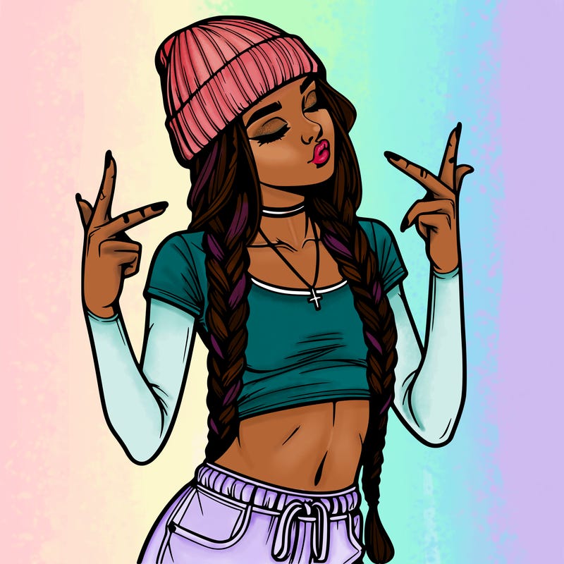 realistic teenage girl with braids and a beanie and crop top doing 🫶🏼