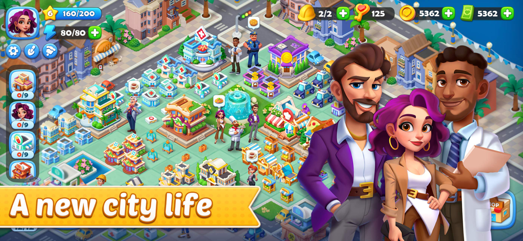 Seaside Hearts game screenshot showing stylized city buildings and main characters with the text A new city life