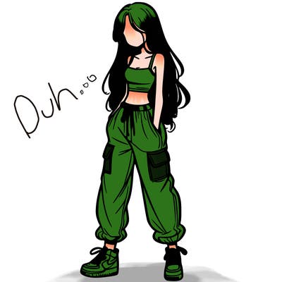 girl in baggy pants crop top and long hair