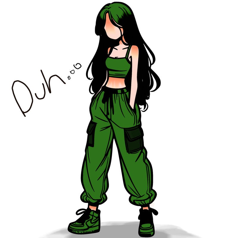 girl in baggy pants crop top and long hair