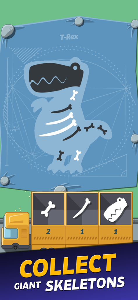 Crazy Dino Park - Un plano del esqueleto de un T-Rex que muestra diferentes piezas de huesos para recolectar en el juego Crazy Dino Park