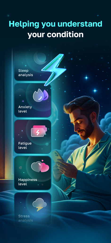 Askona Sleep: Сон и Антистресс - A man using the Askona Sleep app to track health metrics like sleep anxiety and fatigue levels