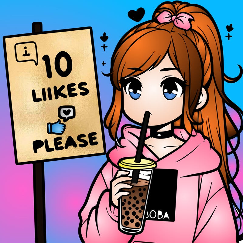 girl with a high ponytail and a hoodie drinking boba staring at a sign saying 10 likes please