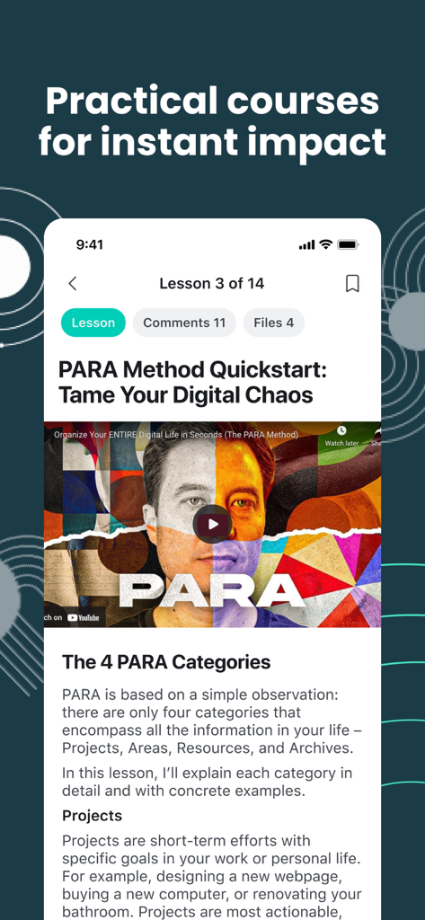 Schermata mobile dell'app Building a Second Brain che mostra una lezione video e testo sul Metodo PARA per l'organizzazione digitale.