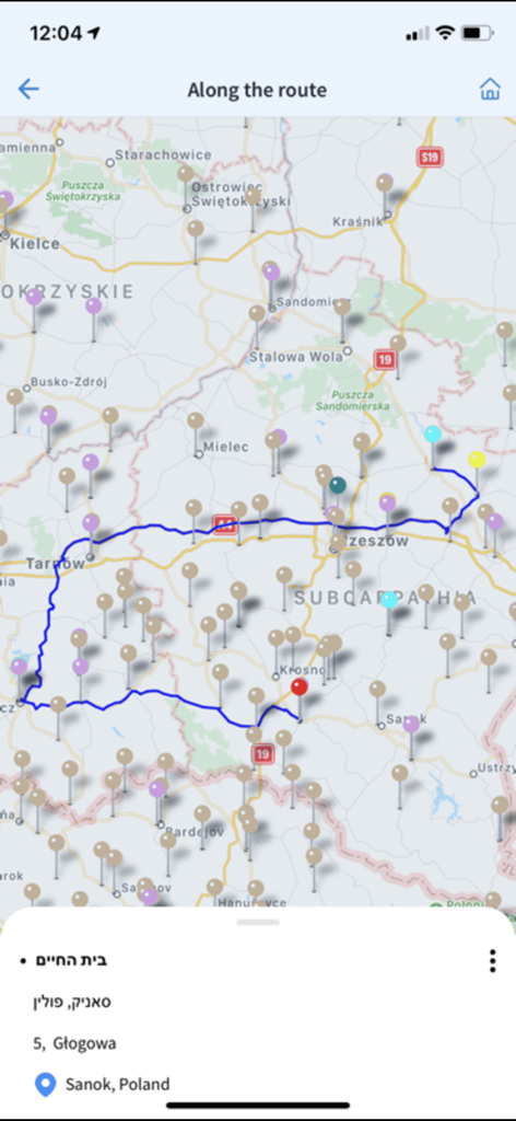 Nesiya Tova - Nesiya Tova app interface showing a travel map with a pilgrimage route and marked holy sites in Poland