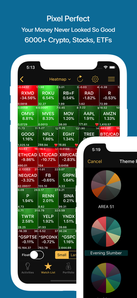 Stocks Live app interface displaying a stock market heatmap and colorful portfolio distribution charts on mobile screens.