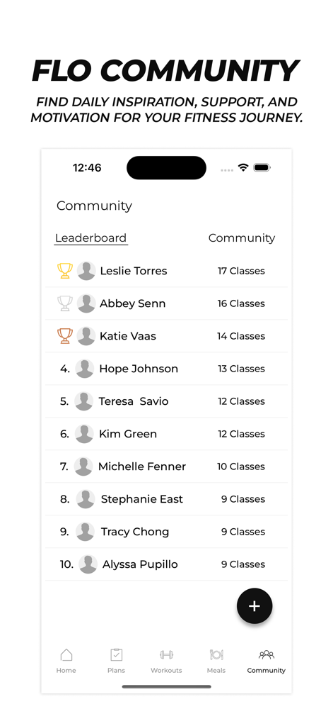 Flo Pilates - Flo Pilatesコミュニティリーダーボード画面、ユーザーランキングと完了したクラスを表示