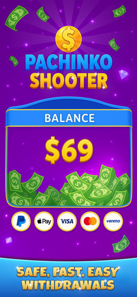 Pachinko Arcade - Plinko Cash - Pachinko Shooter game screen showing a sixty-nine dollar balance and cash withdrawal options including PayPal and Apple Pay