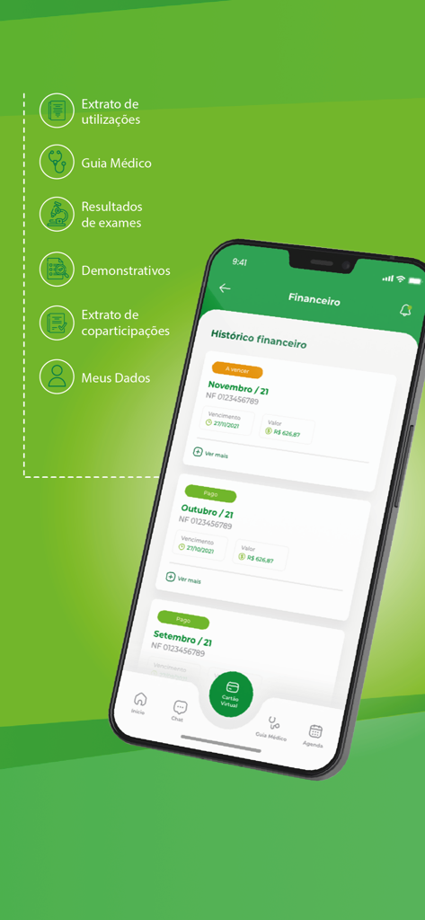 Doctor Clin - Doctor Clin app interface showing financial payment history and medical service menu options