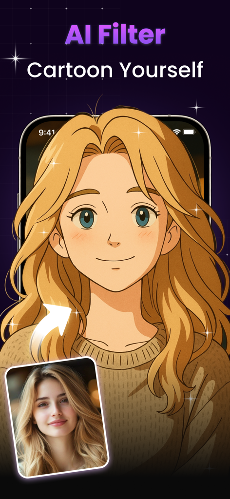 AI Photo Enhancer - AI Enhance - AI 사진 향상기 앱 인터페이스가 만화 자신 필터를 사용하여 실제 초상화를 만화 일러스트로 변환하는 것을 보여주는 모습