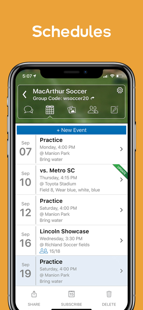 TeamReach app showing a soccer team schedule with practices and games
