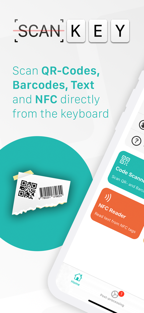 ScanKey App-Oberfläche zeigt QR-, Barcode- und NFC-Scanning direkt von der mobilen Tastatur.
