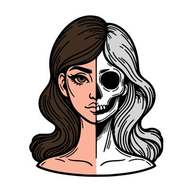 bust of a woman, half face and hair, half skull