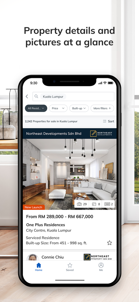 iProperty Malaysia - iProperty Malaysia app showing a property listing in Kuala Lumpur with professional interior photography and pricing information.
