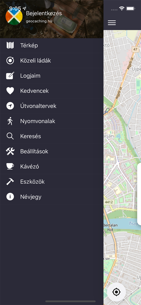 The side menu of the Geoladak app displaying navigation and geocaching options over a map of Hungary.