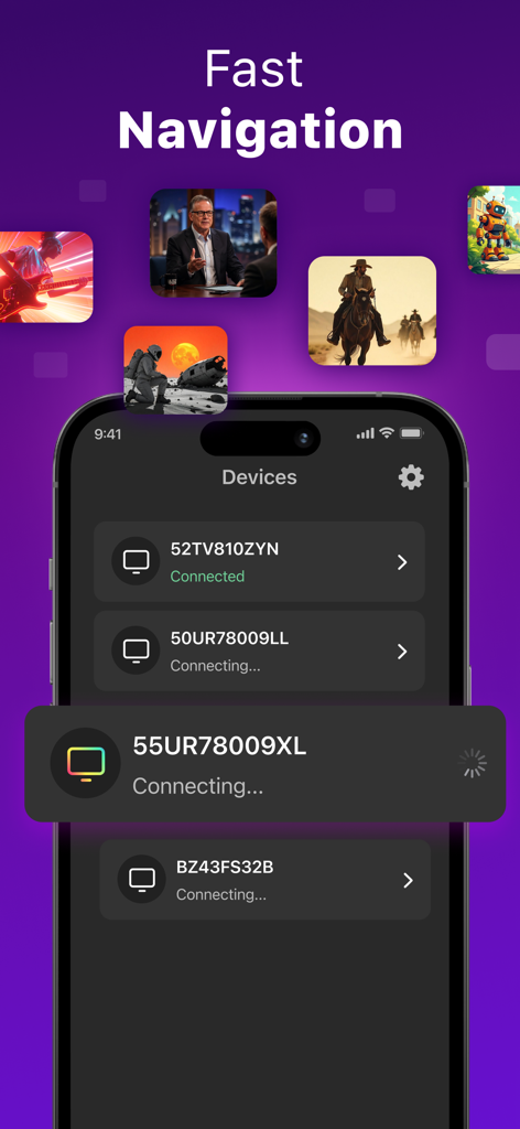 Remote Control for Ro-TV app showing the fast navigation screen and device connection list on an iPhone