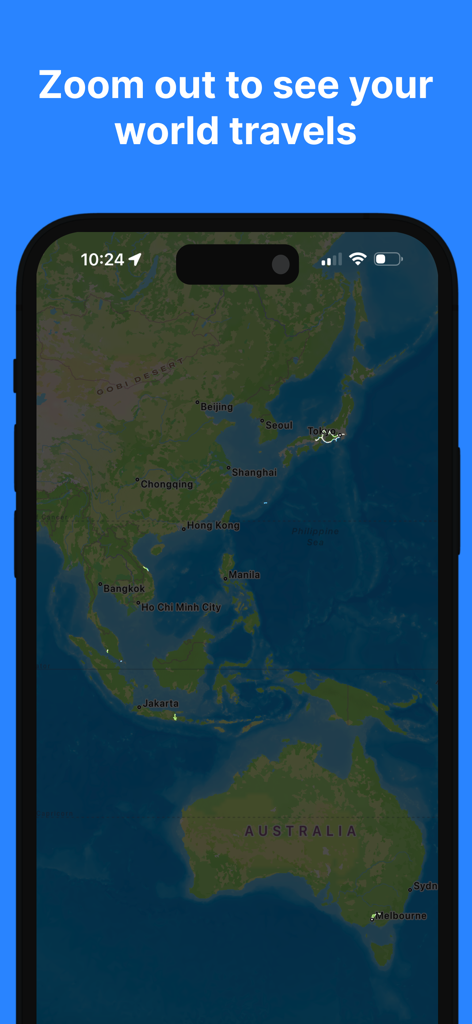 Been To app interface showing a world map with tracked travel locations