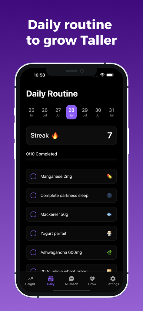 Taller - Maximize Height - La pantalla de rutina diaria de la aplicación Taller que muestra una lista de verificación de tareas de crecimiento y una racha de hábitos de 7 días.