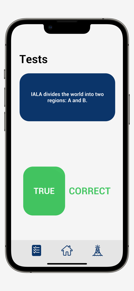 IALA System - A mobile interface from the IALA System app showing a true or false test question about maritime regions with a correct answer indicator.