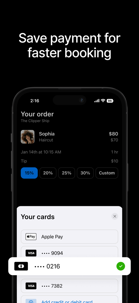Squire app interface showing saved credit cards and tipping options for a barber appointment booking