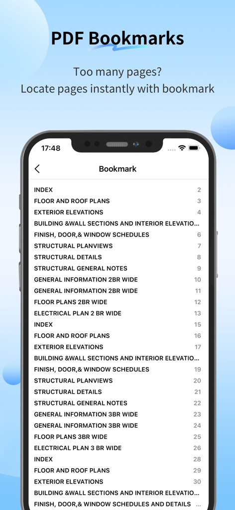 PlanForm - 건축 및 건설 도면에 대한 PDF 북마크 목록을 표시하는 PlanForm 앱