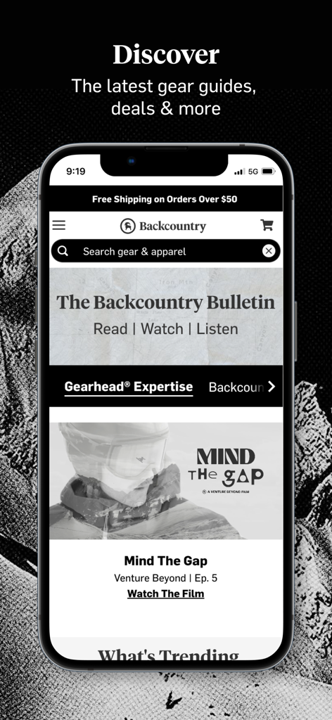 Backcountry - Outdoor Gear - Backcountry app interface showing the Discover section with gear guides, Gearhead expertise, and featured outdoor films.