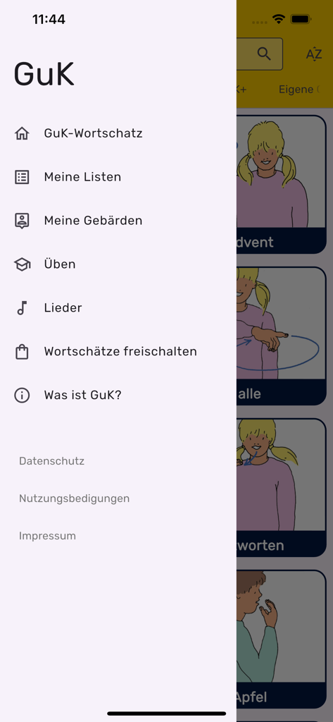 Menú de navegación lateral de la app de comunicación aumentativa y alternativa GuK que muestra opciones para la práctica de vocabulario y canciones.