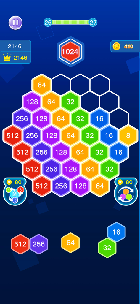 Block Puz - Block Blast Puzzle - Juego móvil Block Puz mostrando el juego de rompecabezas de fusión de números hexagonales con fichas numeradas coloridas