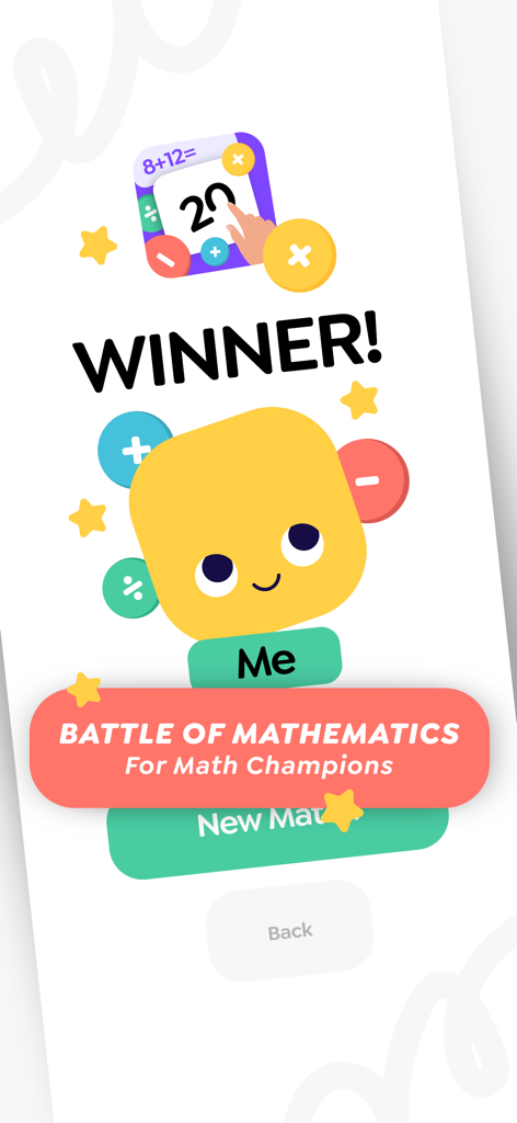Learn Math : Cool Mathematic 1 - Victory screen from a math battle showing a happy yellow character and a handwritten addition problem