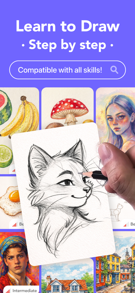 ArtCoach - Learn How to Draw - ArtCoach app screen showing step by step drawing tutorials for beginners and all skill levels