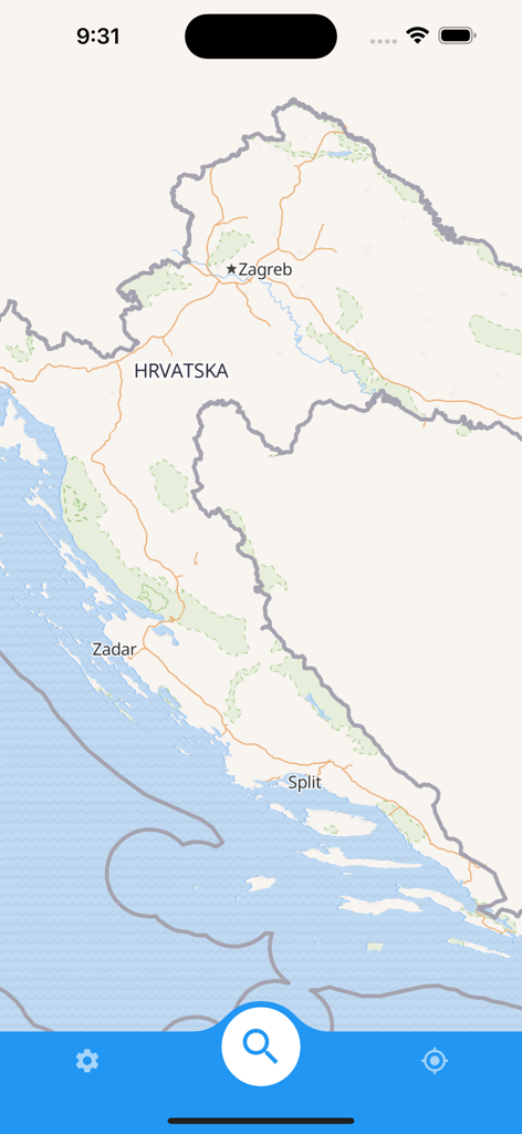 Una mappa digitale offline della Croazia su un dispositivo mobile che mostra città come Zagabria e Spalato con una barra di ricerca e icone di posizione.