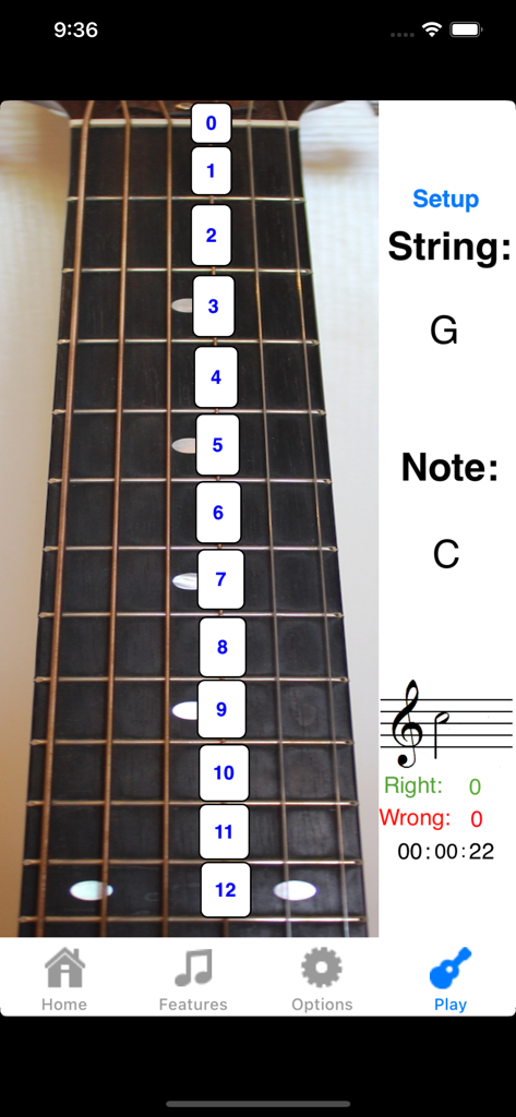 Guitar Fretboard Addict - Oberfläche zeigt einen Gitarrenhals mit nummerierten Bünden zum Erlernen von Notenpositionen